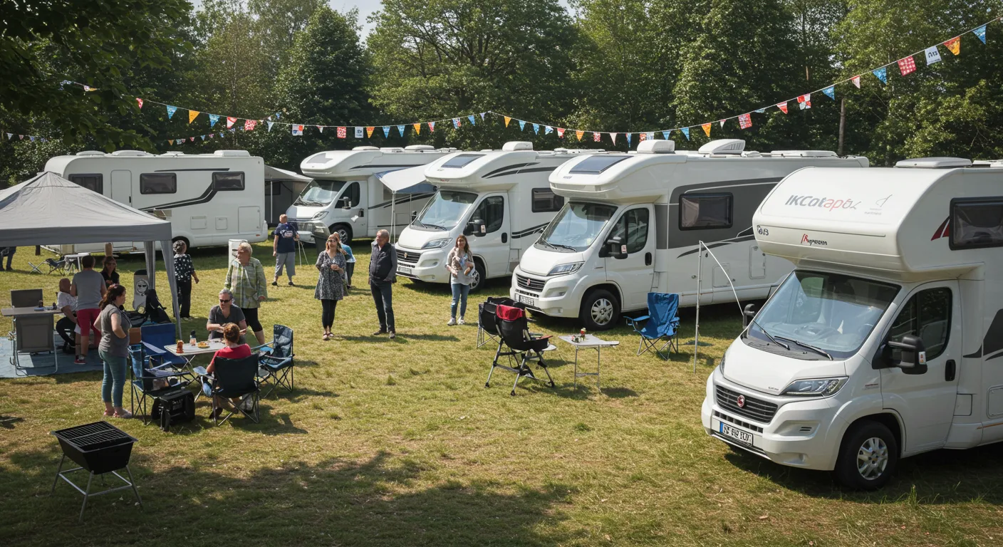 Motorhome and RV event in Europe 2025 with parked RVs, colorful banners, and people enjoying outdoor activities and social gatherings.