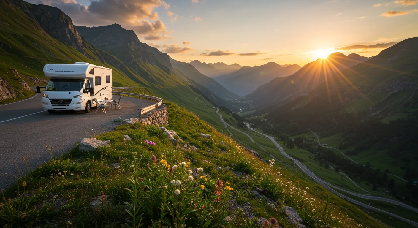 Modern white motorhome parked on a scenic mountain road with a breathtaking valley view at sunset.