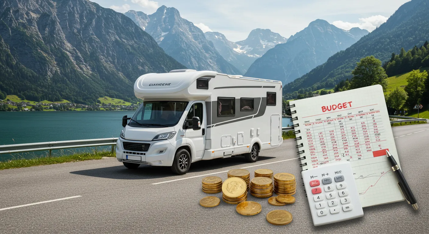 Motorhome parked on a scenic European road with mountains in the background, featuring a calculator, coins, and a budget notepad symbolizing travel expenses and financial planning.