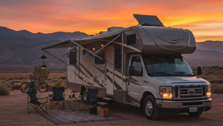 Luxurious motorhome RV parked at sunset with extended awning and camping chairs