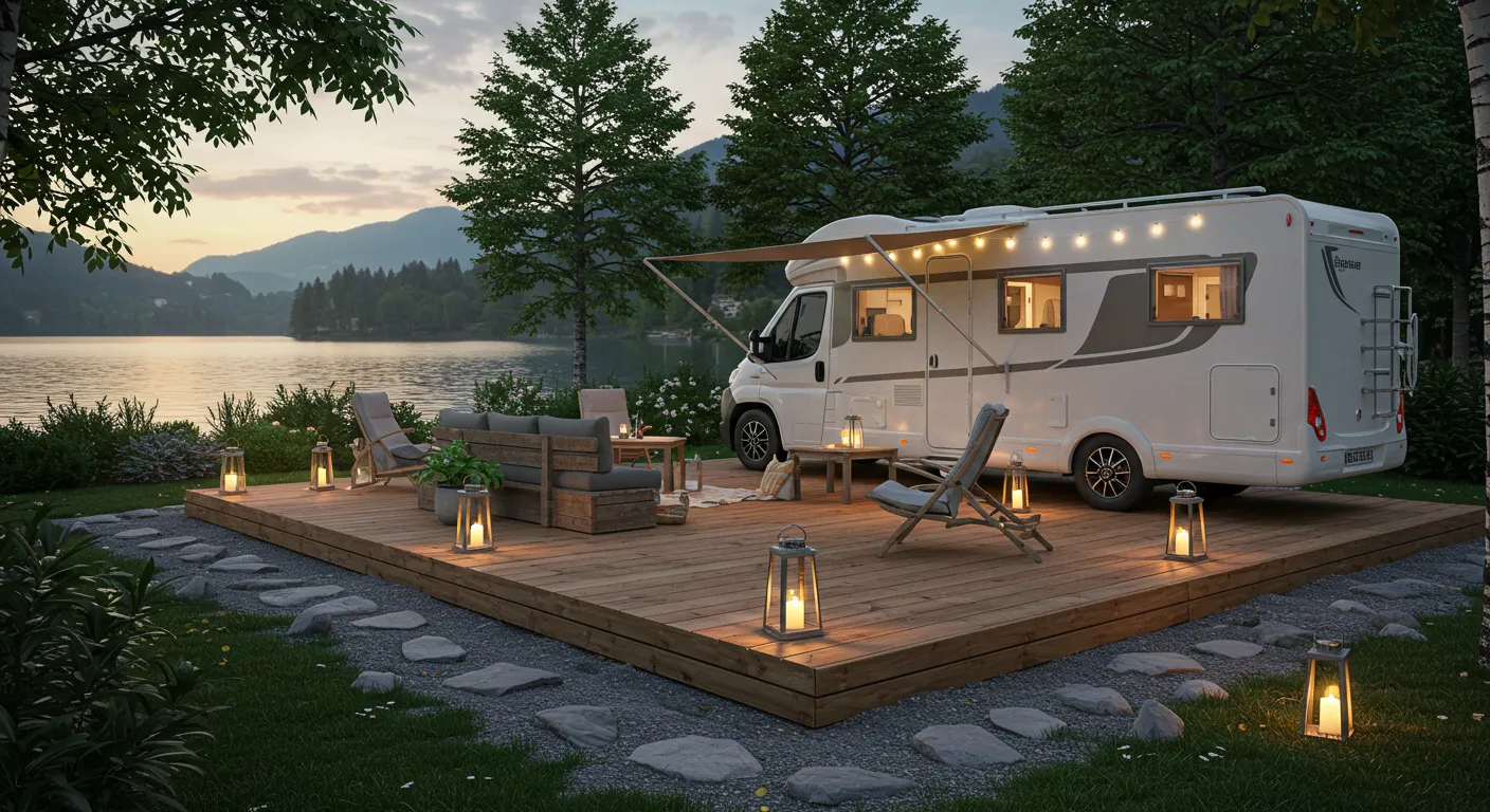 Luxury RV park in Europe featuring a high-end motorhome, wooden deck, outdoor seating, and scenic lake view, ideal for upscale camping experiences.