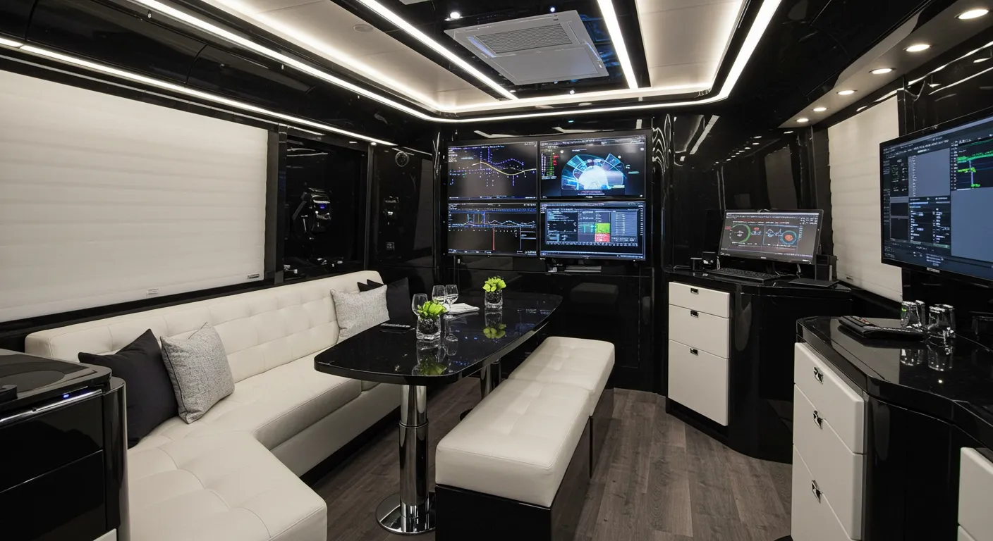 Lewis Hamilton's luxury F1 motorhome interior featuring high-tech equipment, sustainable design, and premium furnishings used by the seven-time Formula 1 champion