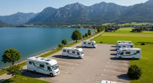 motorhome parked on a panoramic road in Europe with a view of natural landscapes and mountains, representing motorhome parking rules for European travel." Image title relevant to search engines: "motorhome-parking-rules-europe-landscape-travel